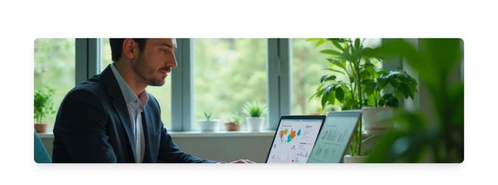 Professionnel analysant des tableaux de bord carbone et ESG sur ordinateur portable, bureau lumineux avec plantes